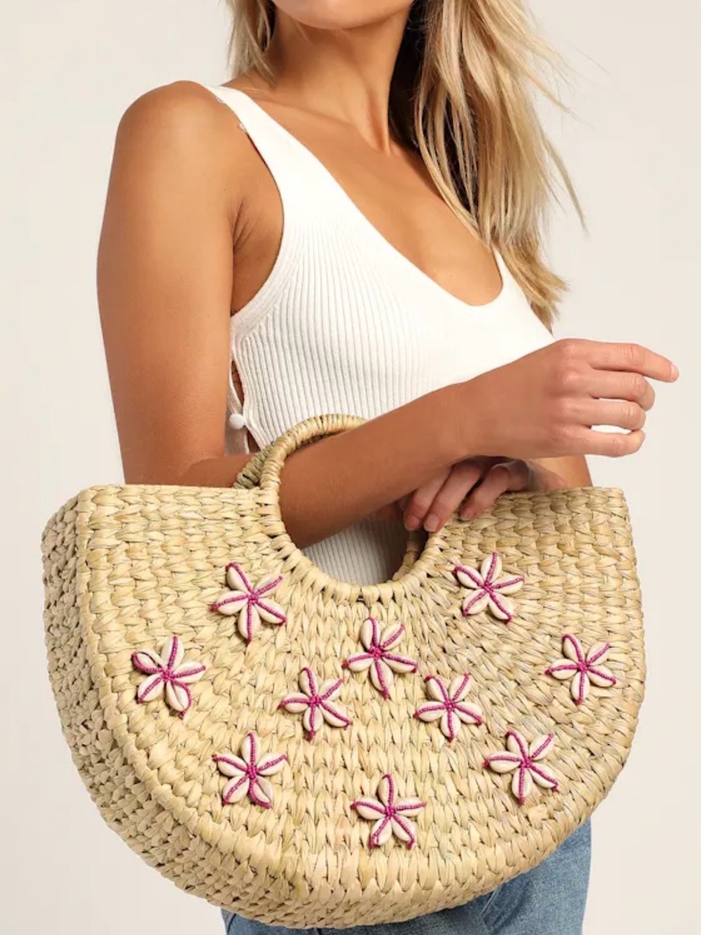 Half Moon Straw Purse Tote Floral Shell Accents w/ Pink Embroidery *NEW*